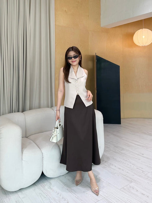Collar Down Sleeveless Vest With Skirts Sets